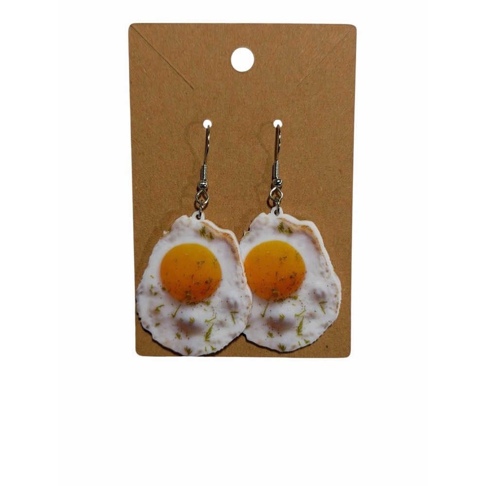 Handmade Fried Egg Drop Earrings Whimsical Foodie Jewelry Kitsch Sunny Side Up